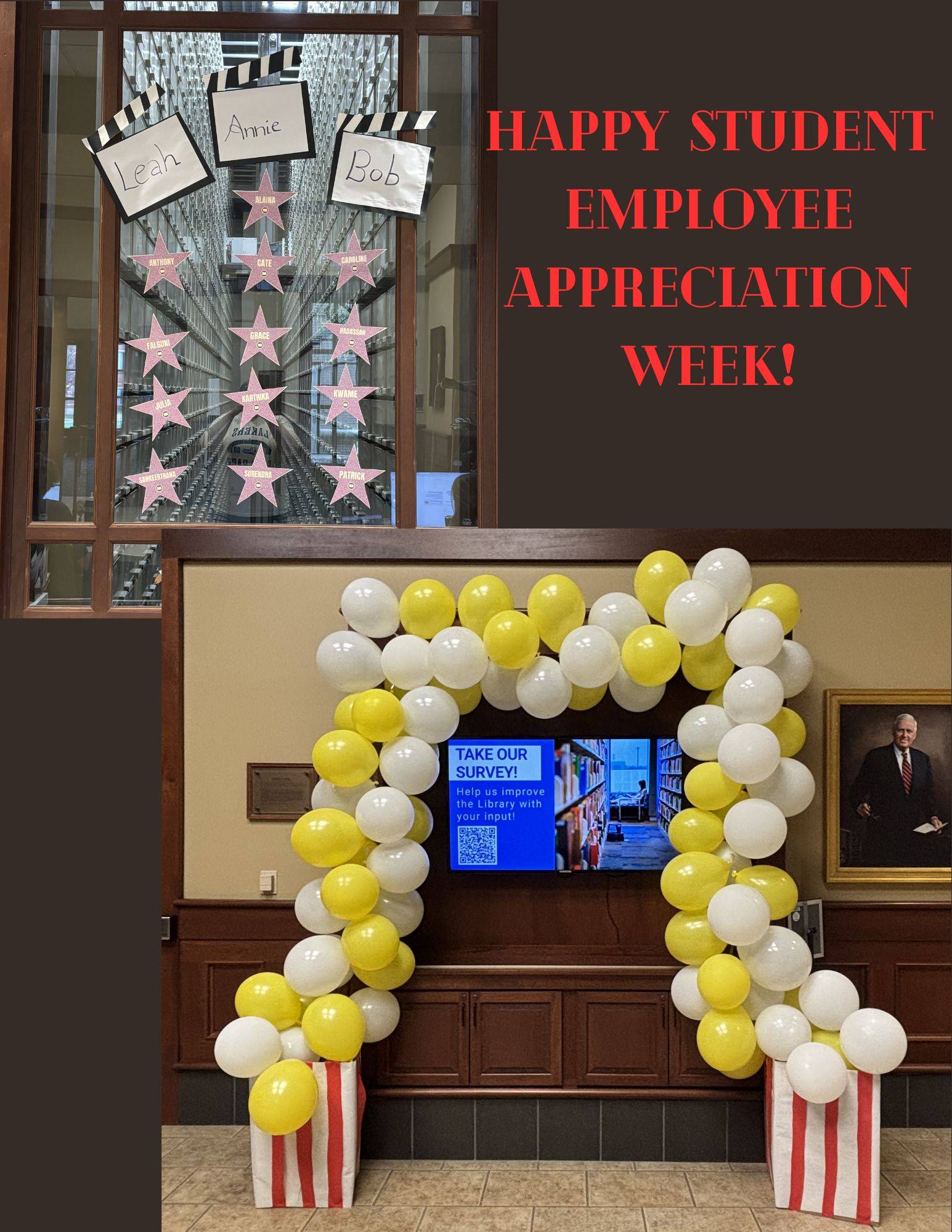 Large popcorn buckets with yellow and white balloons coming out and creating an archway over a tv. Student employee names are written in film reels on the window with red stars